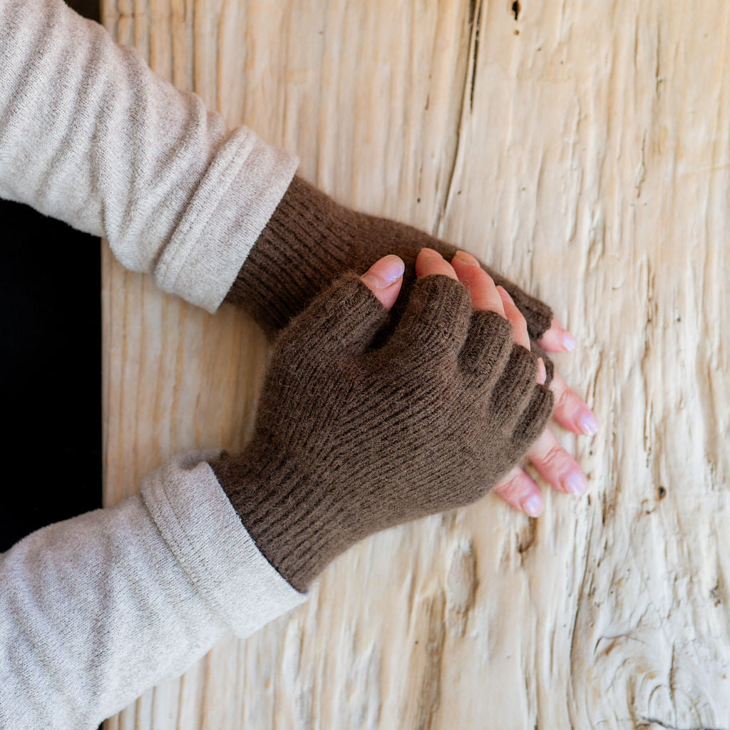 Penelope Durston Short Angora and Lambswool Fingerless Gloves Milk Chocolate | Penelope Durston | Miss Arthur | Home Goods | Tasmania