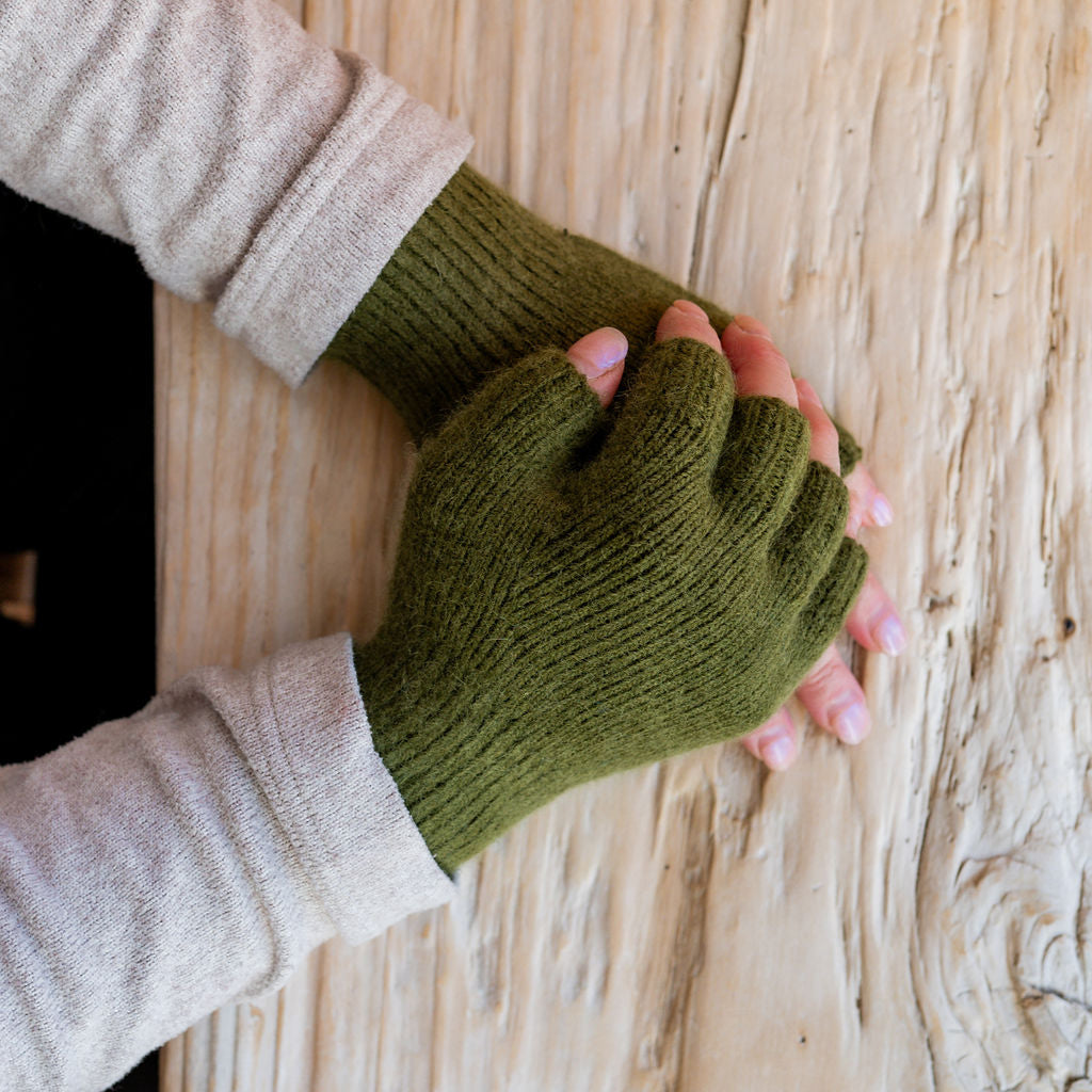Penelope Durston Short Angora and Lambswool Fingerless Gloves Khaki | Penelope Durston | Miss Arthur | Home Goods | Tasmania