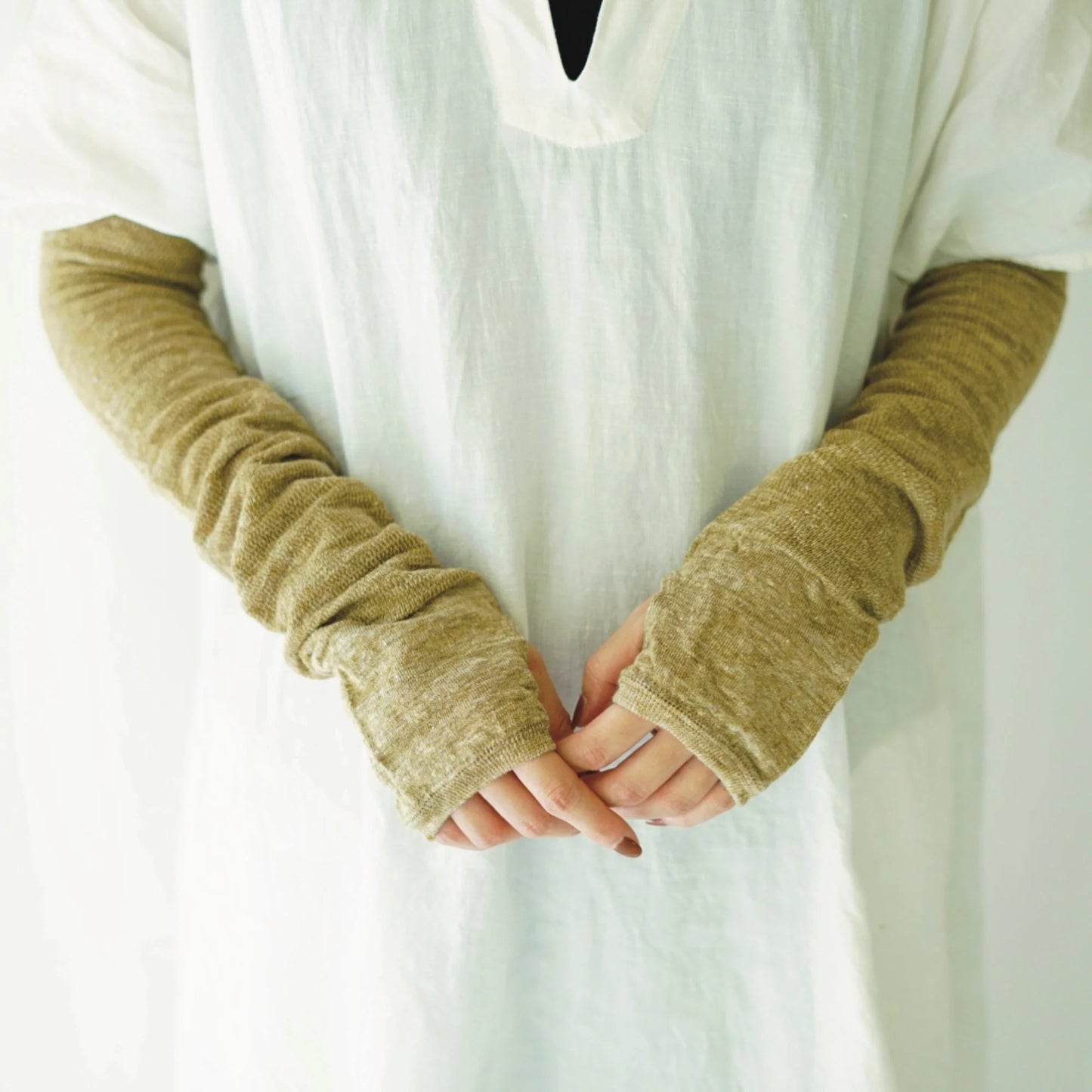 Teni Linen Arm Covers Long Khaki | Nishiguchi Kutsushita | Miss Arthur | Home Goods | Tasmania