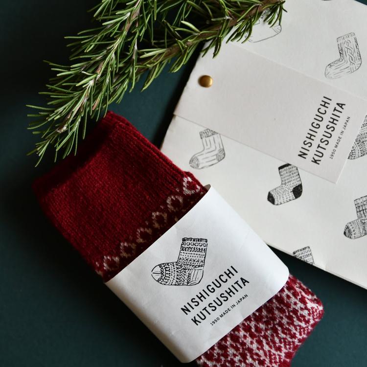 Nishiguchi Kutsushita Oslo Wool Jacquard Sock Wine Vanilla Small | Nishiguchi Kutsushita | Miss Arthur | Home Goods | Tasmania