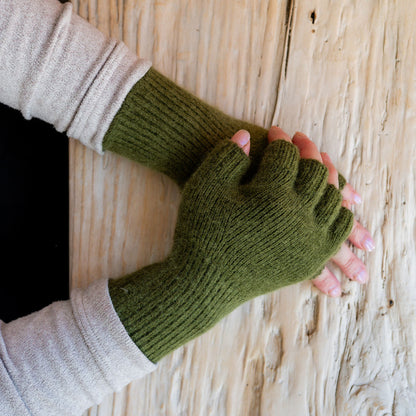 Penelope Durston Angora and Lambswool Fingerless Gloves Khaki | Penelope Durston | Miss Arthur | Home Goods | Tasmania