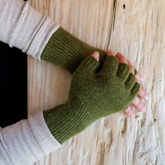 Penelope Durston Angora and Lambswool Fingerless Gloves Khaki | Penelope Durston | Miss Arthur | Home Goods | Tasmania