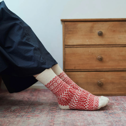 Nishiguchi Kutsushita Oslo Wool Jacquard Sock Red Sox Small | Nishiguchi Kutsushita | Miss Arthur | Home Goods | Tasmania