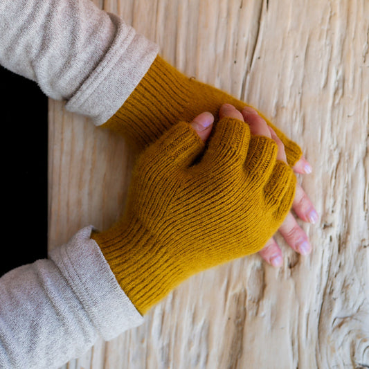 Penelope Durston Short Angora and Lambswool Fingerless Gloves Old Gold | Penelope Durston | Miss Arthur | Home Goods | Tasmania