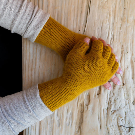 Penelope Durston Angora and Lambswool Fingerless Gloves Old Gold | Penelope Durston | Miss Arthur | Home Goods | Tasmania