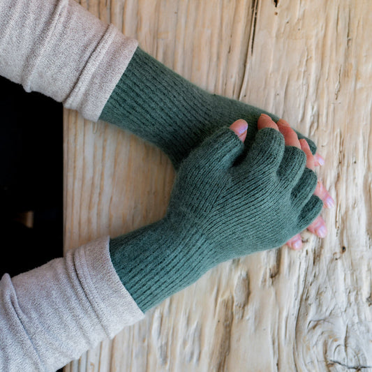 Penelope Durston Angora and Lambswool Fingerless Gloves Oxide Green | Penelope Durston | Miss Arthur | Home Goods | Tasmania